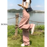 脏粉色高腰阔腿牛仔裤女春秋直筒宽松显瘦大码拖地裤子高街ins潮