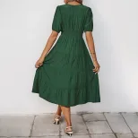 Summer Midi Dress Elegant Draped Design Solid Color Pleated Detail Perfect for Casual Outings or