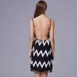 Backless Wave Pattern Maxi Dress Tassel Detail Sleeveless Lightweight Fabric Beachwear for Summe