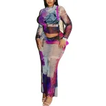 Sheer Mesh Two Piece Set Round Neck Long Sleeve Floral Print Bodycon Skirt Fashionable for Parti