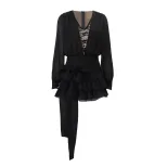 French Style Lace Trimmed Mini Dress Sexy V Neck Long Sleeve Elegant Design Perfect for Autumn E