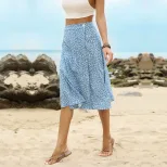High Waisted Floral Split Skirt Summer Style Blue Color Comfortable Fabric Perfect for Casual Ou
