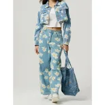 Womens Vintage Floral Print Straight Leg Jeans High Quality Denim Casual Wear Wholesale Availabl