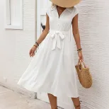 White Lapel Waist Tied Shirt Dress Minimalist Design Commuter Style Versatile Wear Wholesale Ava