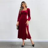 Velvet Long Sleeve Dress Sexy Split Design Waist Cinching Square Neck Puff Sleeves Evening Party