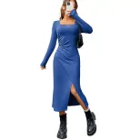 Slim Fit Bodycon Midi Dress Square Neck Long Sleeve Side Slit Elegant Office Wear for Spring Sum