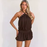 Summer Casual Backless Halter Dress for Women Loose Fit Waist Defining Slimming Vacation Style W