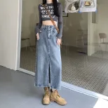 夏季新款小众设计感开叉半身裙女高腰显瘦包臀a字中长裙牛仔长裙