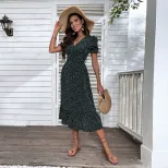 Vintage Polka Dot V Neck Midi Dress Womens Fashion Retro Style Comfortable Fit Perfect for Sprin