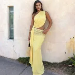 Sleeveless Sequin Trimmed Dress Sexy Backless Design Asymmetrical Neckline Solid Color Spring Fa
