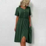 Summer Womens Dress V Neck Waist Defined Solid Color Side Slit Casual or Party Wear Wholesale Av