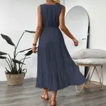 Sleeveless V Neck Summer Dress Minimalist Design Solid Color Adjustable Tie Casual Wear for Wome