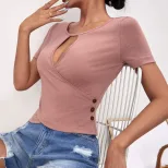 Womens Casual Short Sleeve T Shirt Sexy Hollow Out Design Button Detail Slim Fit Stylish Summer