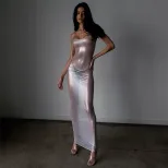 Sexy Sheer Bodycon Dress Silver Foil Detailing Spaghetti Straps Trendy Nightclub Style Spring Su