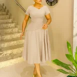 Summer A Line Dress Solid Color V Neck Short Sleeve Flowy Design Casual Wear for Women Wholesale