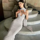 Elegant Halter Neck Bodycon Dress Slim Fit Flowing Ribbons High Quality Fabric Evening Wear Cock
