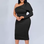 Plus Size Womens Dress Asymmetrical Neckline Solid Color Fashionable Bodycon Style Perfect for P