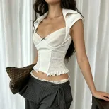 欧美女装2026夏季新款时尚百搭设计感木耳边压褶收腰短袖T恤上衣