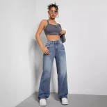 High Waisted Denim Trousers Casual Chic Style Versatile Fit European and American Fashion Wholes