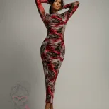 Fashionable Slim Fit Mesh Printed Ruched Bodycon Dress Long Sleeve High Neck Elegant Style Perfe