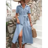 Elegant V Neck Denim Dress Womens Fashion European and American Style Chic Design Perfect for Ca