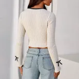 Knit Long Sleeve Top Cream Color Striped Design Bow Detail Elegant Layering for Spring and Summe