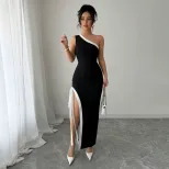 Summer Color Block Maxi Dress for Women Elegant Sexy High Slit Perfect for Parties and Events Wh