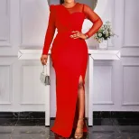 Plus Size Fashion Maxi Dress Sheer Paneling Solid Color Elegant Split Design Evening Wear Specia