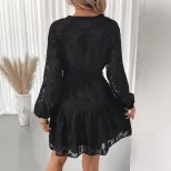 Elegant Black Jacquard Dress Round Neck Long Sleeve Spring Fall Style Perfect for Casual or Form