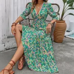 Abstract Print V Neck Midi Cake Dress Ethnic Style Short Sleeve Vacation Ready Wholesale Availab