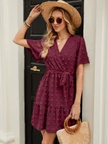 V Neck Ruffled Sleeve Dress Waist Tie Pom Detail Elegant Style Perfect for Parties and Events Re