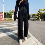 黑色直筒阔腿牛仔裤女2023新款韩版学生高腰宽松显瘦百搭遮胯长裤
