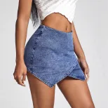 Irregular Hem Sexy Denim Mini Skirt European and American Style High Elasticity Trendy Design Wh