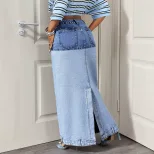 Color Block Denim Midi Skirt Casual Style High Slit Design Versatile for Everyday Wear Wholesale