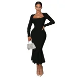 Elegant Square Neck High Waist Bodycon Dress Chic Design Spring Summer Style Wholesale Availabil