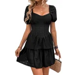 Vintage Sweet Hollow Out Black Square Neck Puff Sleeve Dress Waist Defining Elegant Design Perfe