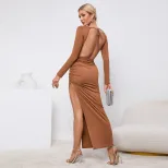 Long Sleeve Bodycon Dress High Waist Round Neck Backless Winter Fashion for Parties Wholesale Av