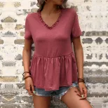 Casual V Neck Loose Fit T Shirt Summer Style Solid Color Short Sleeve Wholesale Available custom