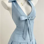 Summer Womens Short Dress V Neck Bow Tie Waist Defined Casual Wear for Parties or Outings Ready