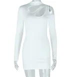 Fashionable Womens Bodycon Dress Solid Color Hollow Out Off Shoulder Long Sleeve Stand Collar Ev
