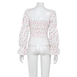 Womens Floral Crop Top Fresh Sweet French Style Puff Sleeves Square Neck Tie Detail Perfect for