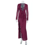 Fashion Two Piece Set Deep V Neck Top High Slit Bodycon Skirt Lace Ruffle Trim Elegant Occasion