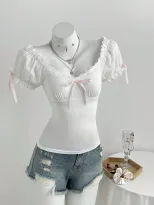 Summer Womens Short Sleeve T Shirt Bow Tie Detail Bubble Sleeve Soft Fabric Casual Wear Ready to