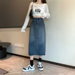 跨境水泥灰2024早春牛仔半身裙女小个子新款高腰中长款a字裙子