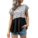 Loose Fit Womens T Shirt Casual Short Sleeve Round Neck Color Block Leopard Print Perfect for Ev