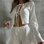 Summer Casual Two Piece Set Loose Fit Cardigan Top with Drawstring and Shorts Comfortable Home W