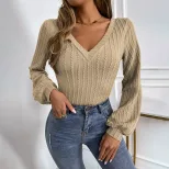 V Neck Puff Sleeve Knit Top Slim Fit Casual Style Elegant Design Perfect for Office Wear Wholesa