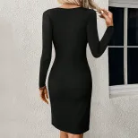 Long Sleeve A Line Dress Round Neck Pleated Solid Color Winter Casual Wear for Women Wholesale A