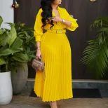 V Neck Long Sleeve Pleated Dress Solid Color Flowy Skirt Fashionable Design Spring Summer Wear W