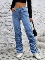 Womens Casual Layered Wide Leg Wrinkled Denim Pants Stretchy Fabric Relaxed Fit Trendy Style Who